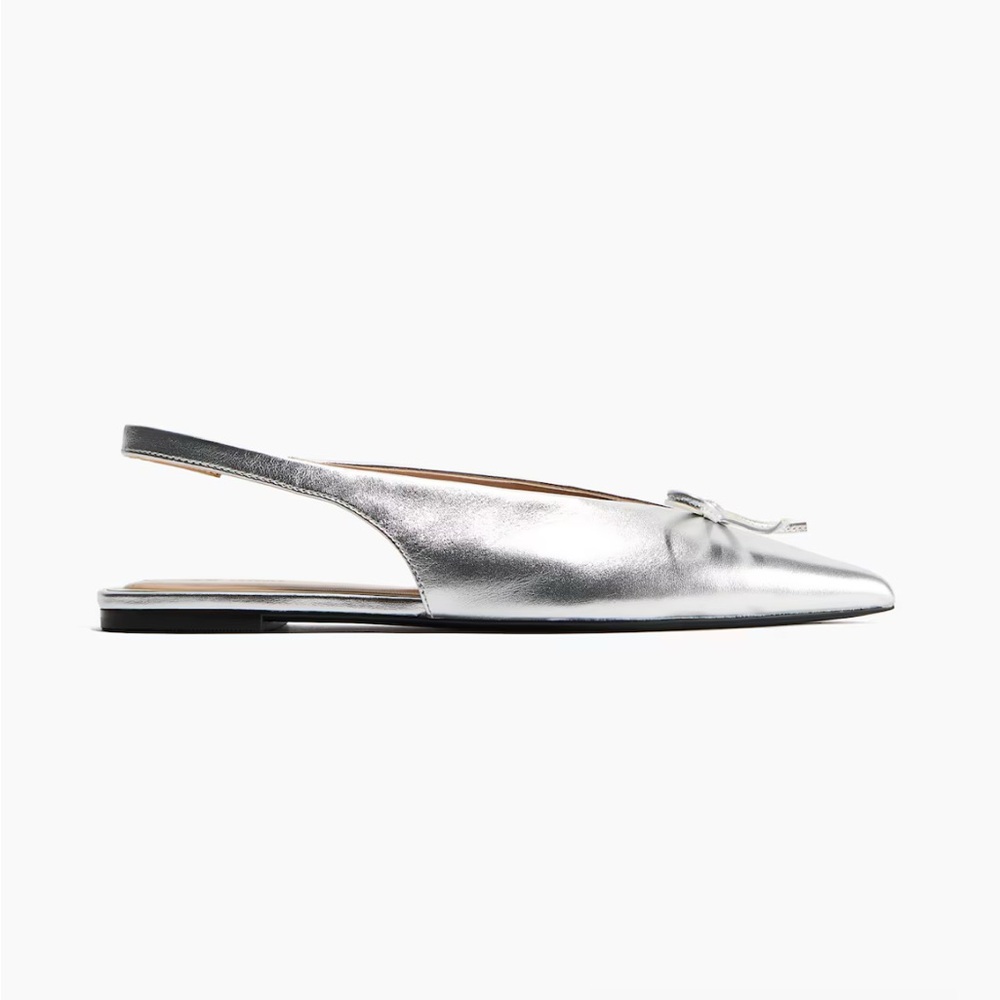 H&M Silver leather slingback ballet Flats with Bow Detail size 8 metallic office - Picture 2 of 13